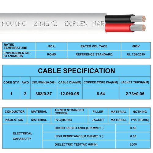 Marine Grade 2 AWG Duplex Wire - 5ft Tinned Copper Electrical Cable for Boats, RVs & Campers