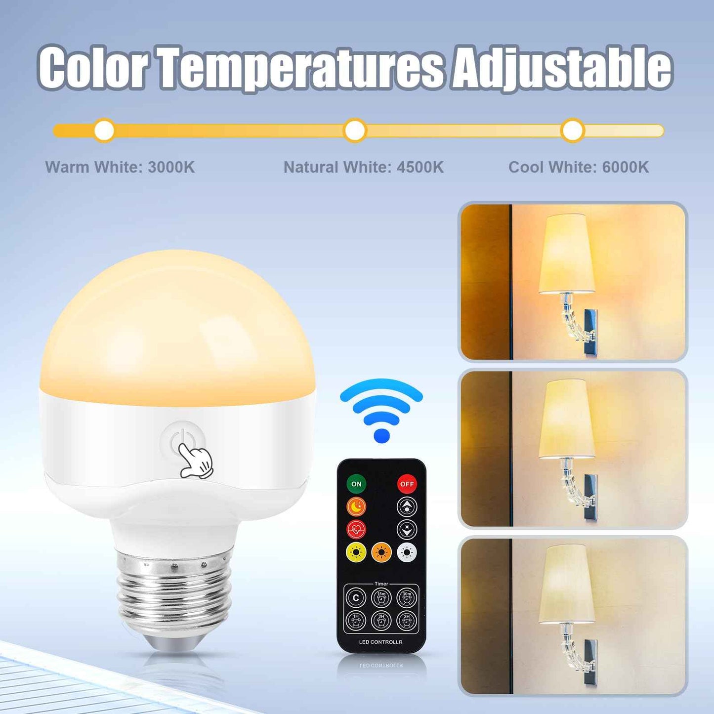 LUSKLLI Rechargeable Light Bulb,LED Portable Bulb with Remote Control, Timer, Battery and 3 Color Temperatures Backup Emergency Bulb for Sconces and Bedside Lamps Non-Hardwired Fixture(2 Packs)