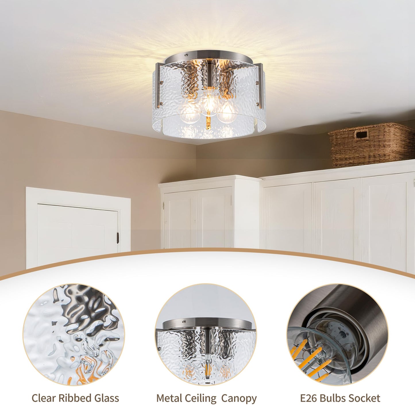 MAYNA Modern Nickel Semi Flush Mount Ceiling Light Fixture, 3-Light Glass Ceiling Light, Hallway Light Fixtures Ceiling Mount for Kitchen Entryway Bedroom Laundry Room