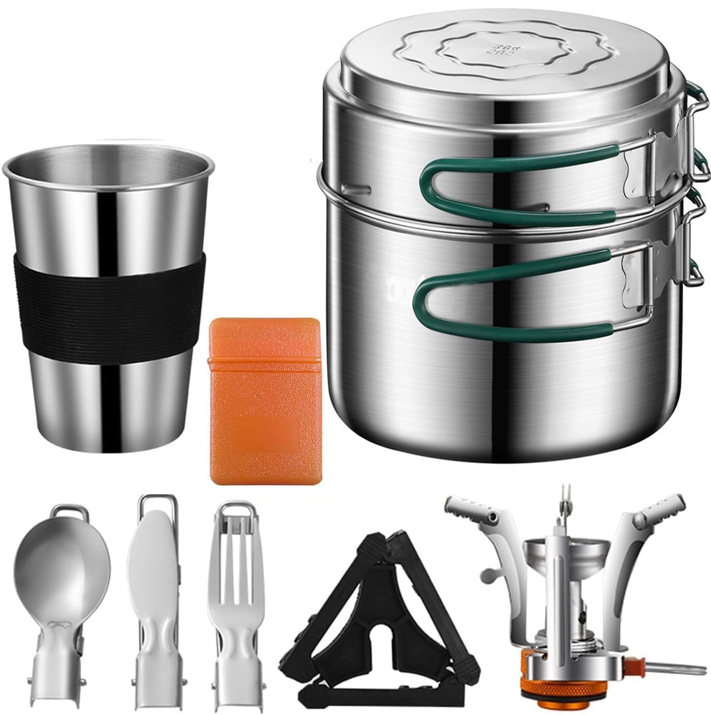 Camping Cookware Mess Kit, Stainless Steel Camping Cooking Set, Backpacking Cooking Set Backpacking Gear with Mini Stove for Camping,Backpacking,Picnic, Hiking