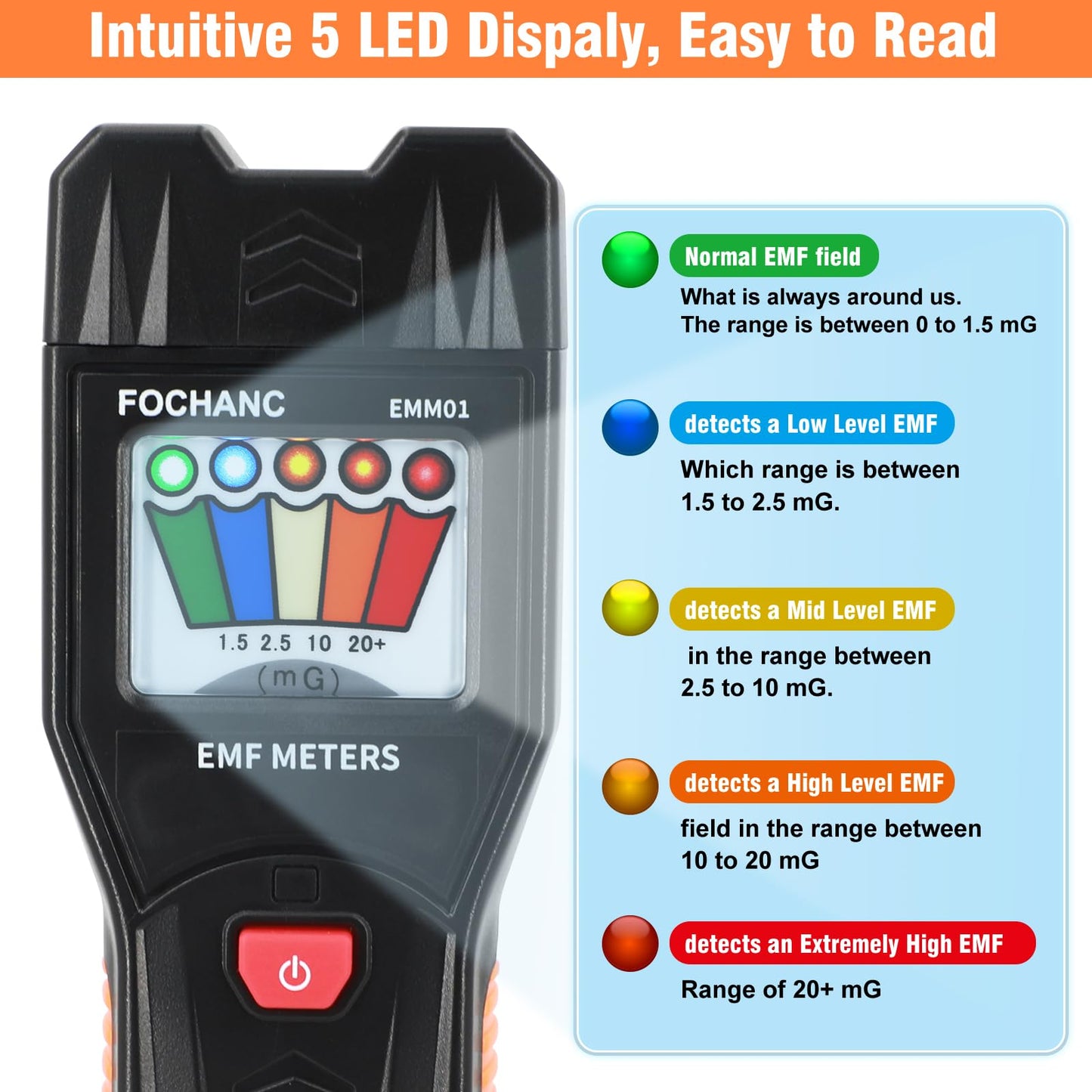 EMF Meter with 5 LED Magnetic Field Detector with On/Off Button, Fochanc Ghost Hunting Equipment Tester 50Hz-20,000Hz, for Home, Office & Outdoor Inspections, Battery Included(Black)