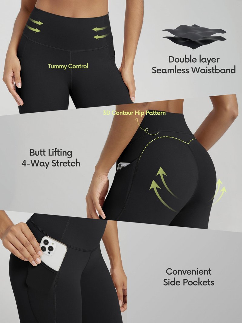 ODODOS Women's 3D Contour Butt Lift 7/8 Compression Leggings with Pockets High Waist Tummy Control Yoga Pants, 25" Inseam, Black, Small