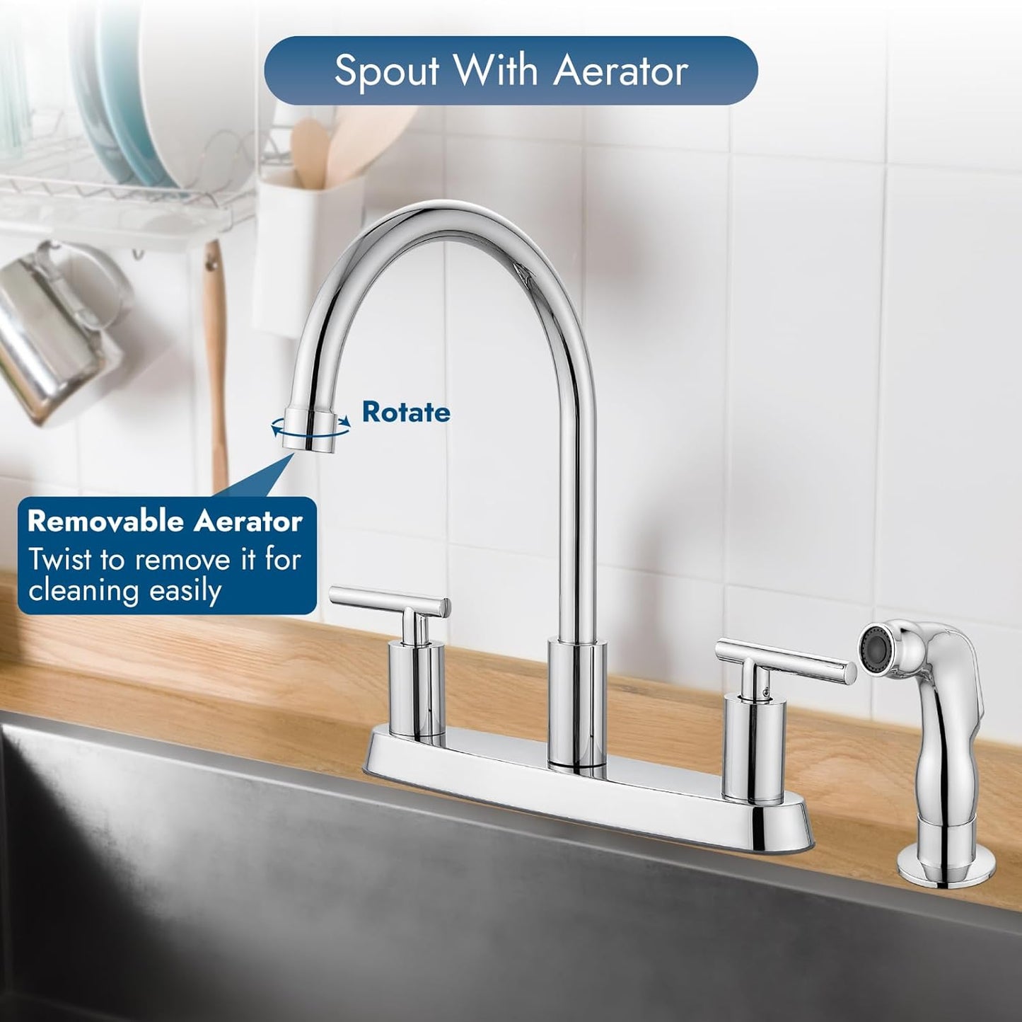 Brushed Nickel Kitchen Faucet with 360° Rotating Spout & Side Sprayer - 2 Handle, 8 Inch Centerset