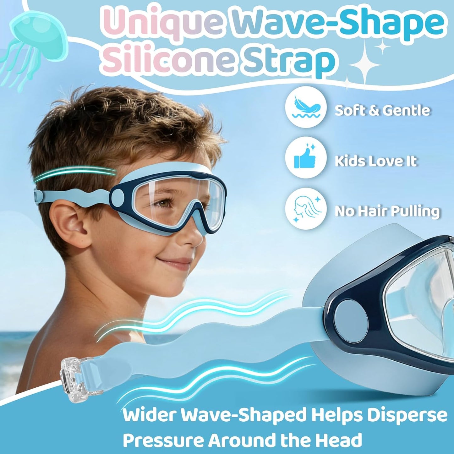 Vvinca Kids Swim Goggles - Soft Wave-Shape Strap for Comfort | Anti-Fog, Leak-Free, 2 Pack (Ages 3-15)