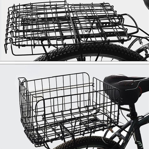Folding Rear Bike Basket, Huntoshon Quickly Release Metal Bicycle Rack Cargo Basket with Strap & Reflective Tail Light for Most Mounted Bike Rack