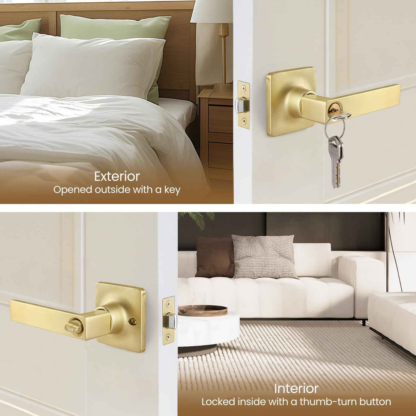 5 Pack Door Knobs Interior, Bedroom Locking Door Knob, Satin Brass Entry Door Handles, Gold Door Lever Same Key, Reversible for Left Right Sided Doors