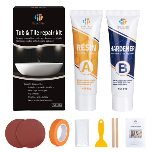 Porcelain Repair Kit White, Fiberglass Tub Repair Kit for Acrylic, Ceramics, Enamel, Tile, Repairs Chips, Cracks, Scratches, Holes on Tub, Tile, Bathtub, Toilet, Sink, Shower Tray