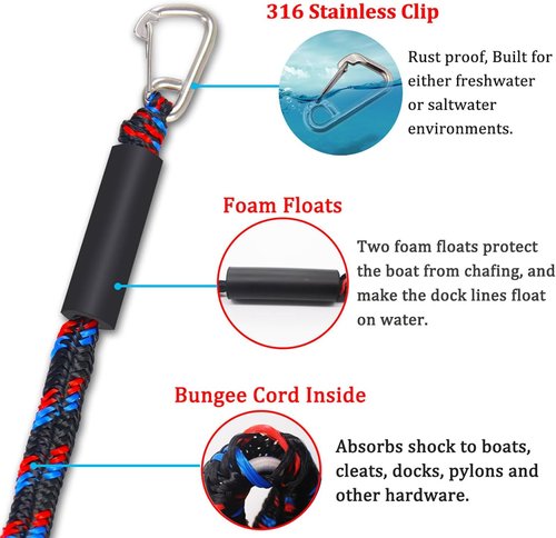 Botepon Boat Bungee Dock Lines - Shock-Absorbing 316 Stainless Clips | 4ft Mooring Tie Downs for Jet Ski & Pontoon