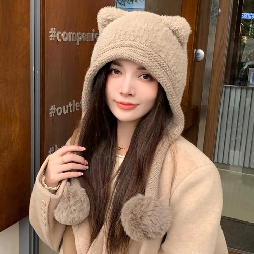 HUAMULAN Women Winter Sherpa Beanie Hats Knit Ear Flaps Peruvian Cover Ears Fleece Lined Ski Snow Hat Pompoms