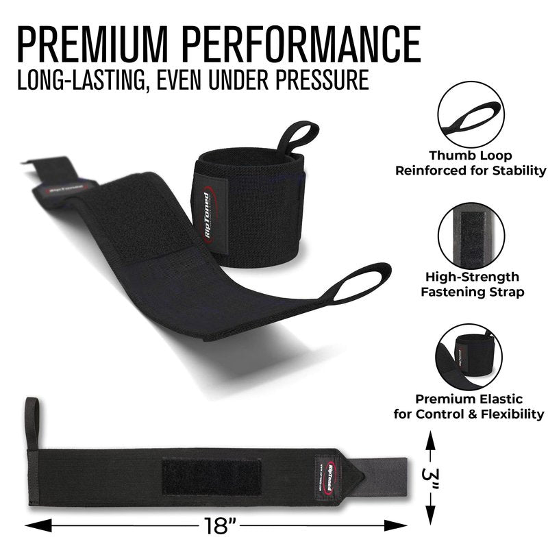 Rip Toned Wrist Wraps for Weightlifting – USPA & USAPL Approved 18" Wrist Straps for Powerlifting – Adjustable, Durable Gym Wraps with Thumb Loop – Quality Support for Men & Women – Black Stiff