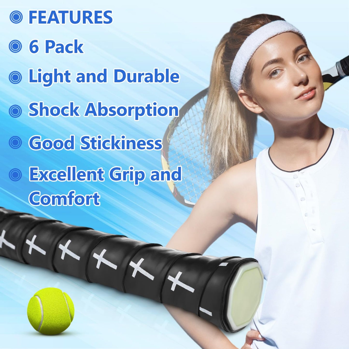 Eyourlife 6pcs Tennis Racket Grip Tape PU Overgrip for Anti-Slip & Shock Absorption Athletic Tape for Bat Training Sessions Matches Badminton & Pickball Player