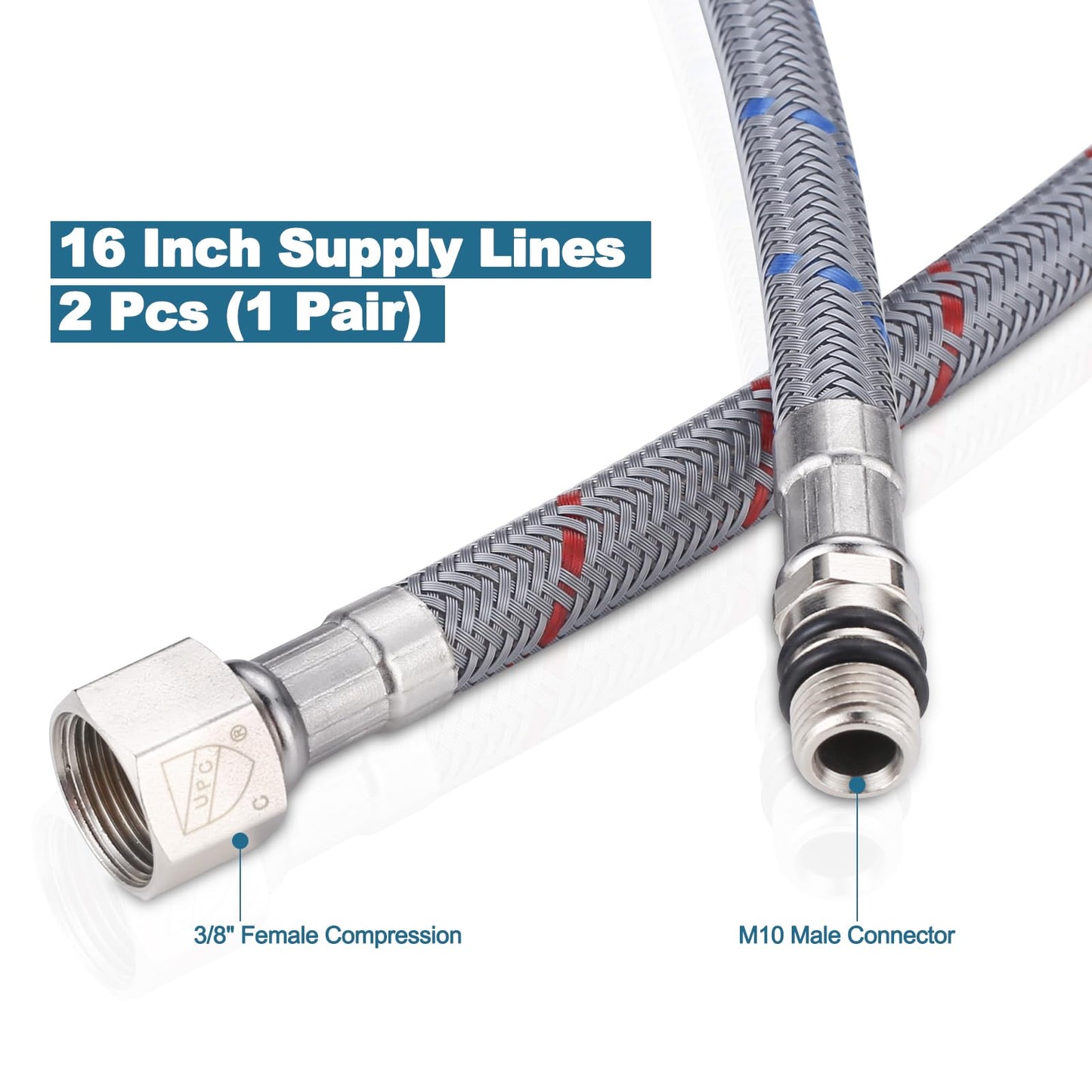 WOWOW 16" Length Faucet Supply Line, Bathroom Kitchen Faucet Lines Braided Nylon Sink Hose,cUPC Faucet Supply Lines 3/8" Female Compression Thread × M10 Male Connector 2Pcs (1 Pair)