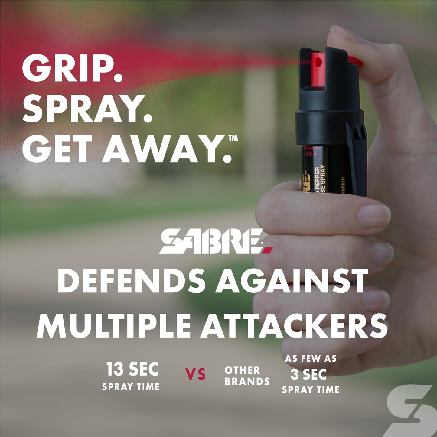 SABRE Compact 3‑in‑1 Pepper Spray, Tear Gas & UV Marking Dye Defense Spray - Maximum Police Strength OC Spray, Up to 16-ft Range, 13 Second Spray Time, Twist Lock Safety with Belt Clip, 0.75 fl oz