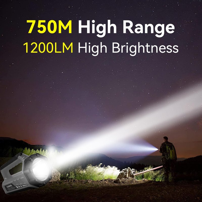 SUNREI Rechargeable LED 1500LM Spotlight, 8 Light Modes Portable Camping Flashlight, 24h Ultra-Long Standby, 10400mAh Power Bank, IP67 for Emergencies Power Outages, Hurricane Emergency, Hiking, Home