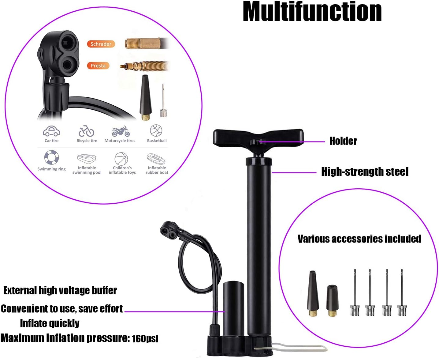 VIMILOLO Bicycle Pump - Portable Bike Floor Pump with Gauge for Presta & Schrader Valves