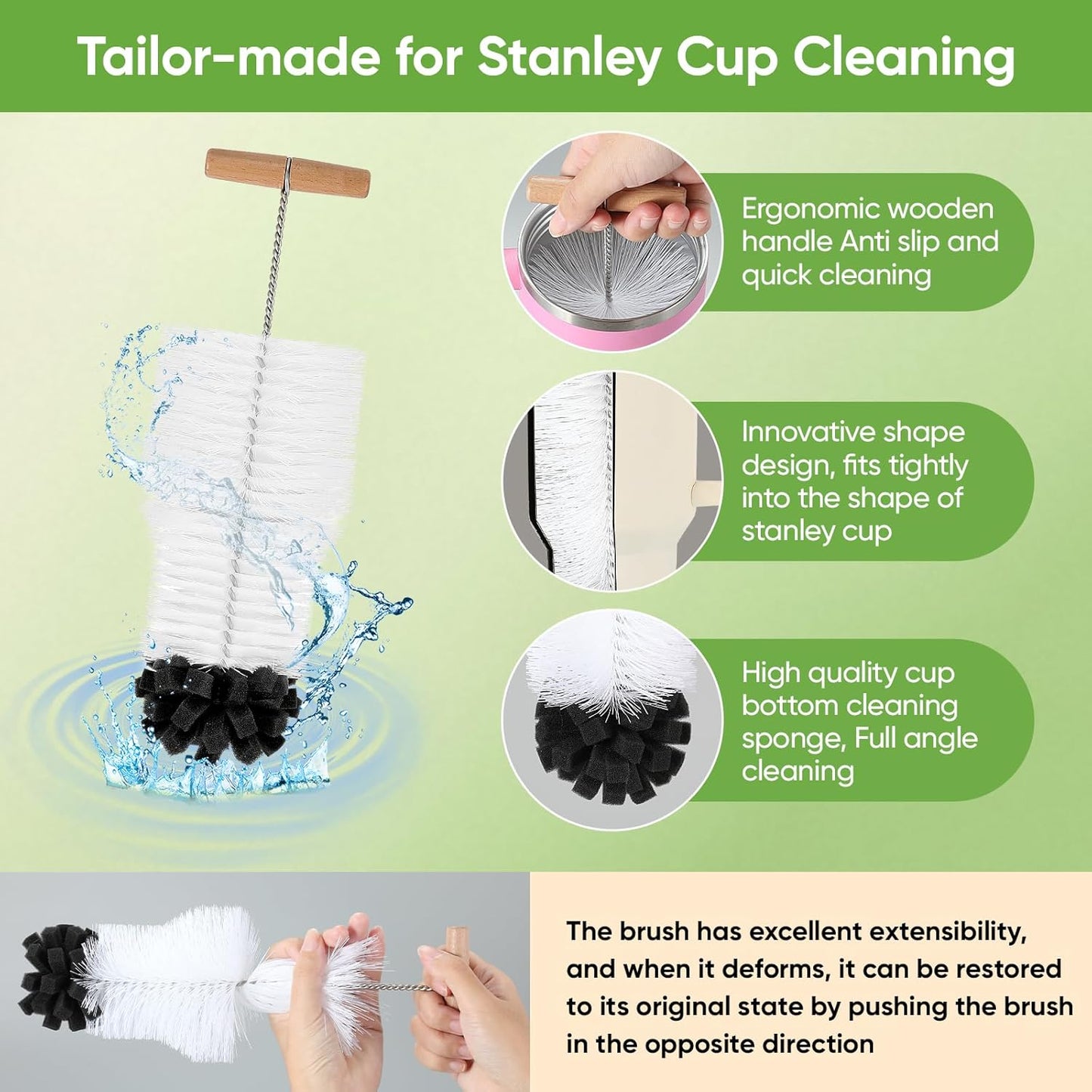 Skiennix 3-Piece Bottle Cleaning Brush Set - Long Wooden Handle for Stanley Cup Tumblers | Includes Lid & Straw Brushes