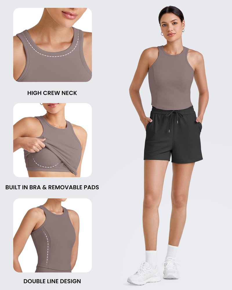 G4Free Yoga Tank Tops for Women with Built in Bras Racerback Longline Sports Bra Removable Pads Summer Clothes for Workout Running (Taupe,XL)