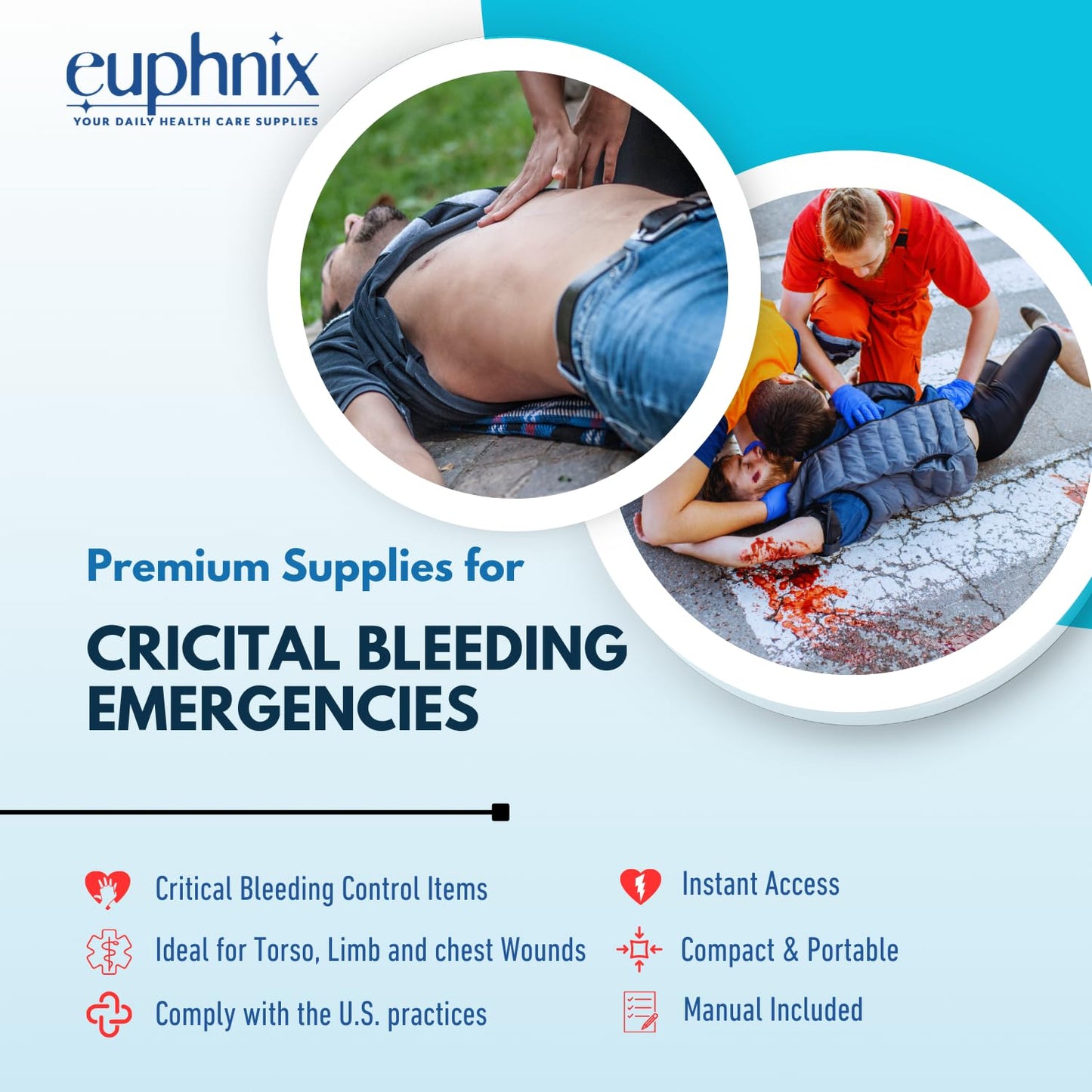 euphnix Bleeding Control Kit - Essential Supplies for Hemorrhage and Penetrating Emergencies | Quick Clot, Compact, Instant Access | Premium Pack 19 Pcs