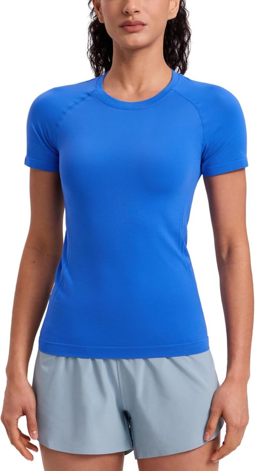 CRZ YOGA Seamless Workout Tops for Women - Breathable Short Sleeve Athletic Tees in Hip Length