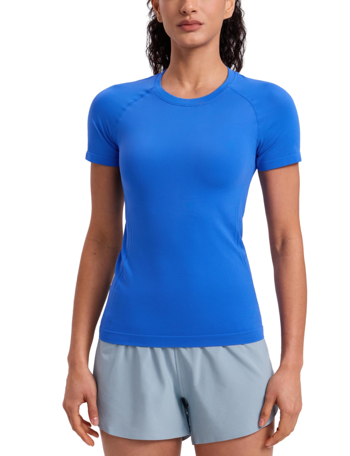 CRZ YOGA Seamless Workout Tops for Women Hip Length - Athletic Running Gym Yoga Short Sleeve Shirts Breathable Crewneck Tees Sparkle Blue X-Small