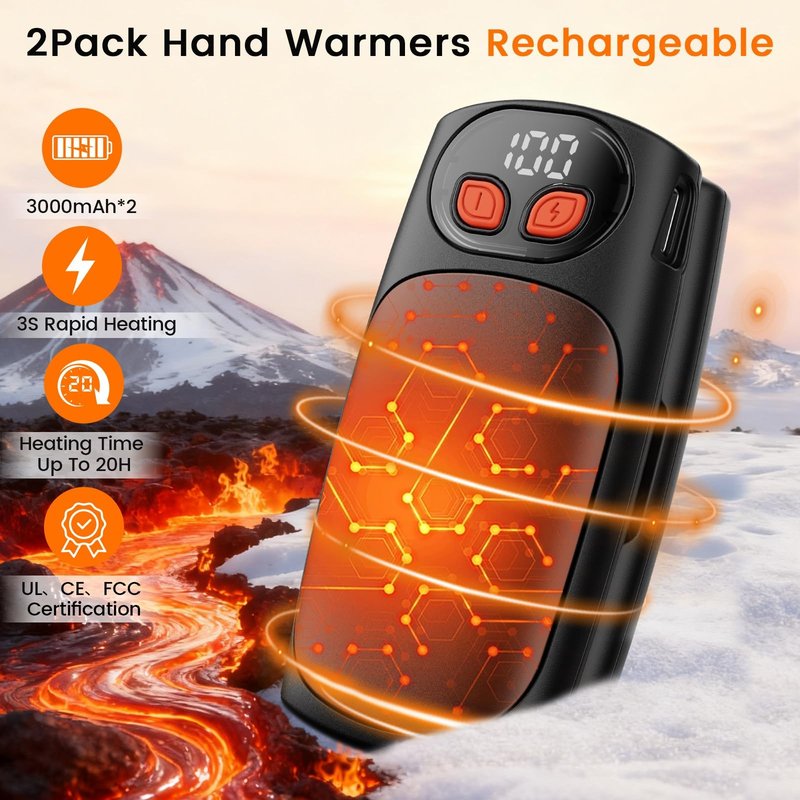 BelleRise Hand Warmers Rechargeable 2Pack,Electric Hand Warmer 20Hrs Long Safe Heat with LED Display,5-Heat Settings,Portable Pocket Heater,Hunting Essentials,Gifts for Christmas,Golf Camping（Black）