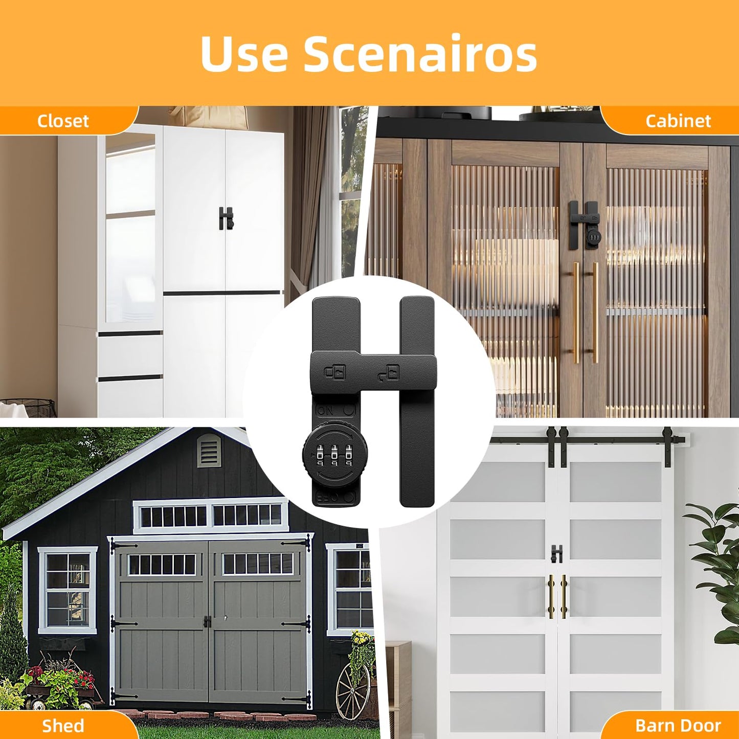 Barn Door Lock,180 Degree Flip Barn Door Locks and Gate Latches, Sliding/Bifold French Door Lock Latch for Gate Barn Garage Shed Window Cabinet Liquor 3-Digit Password Keyless,Black