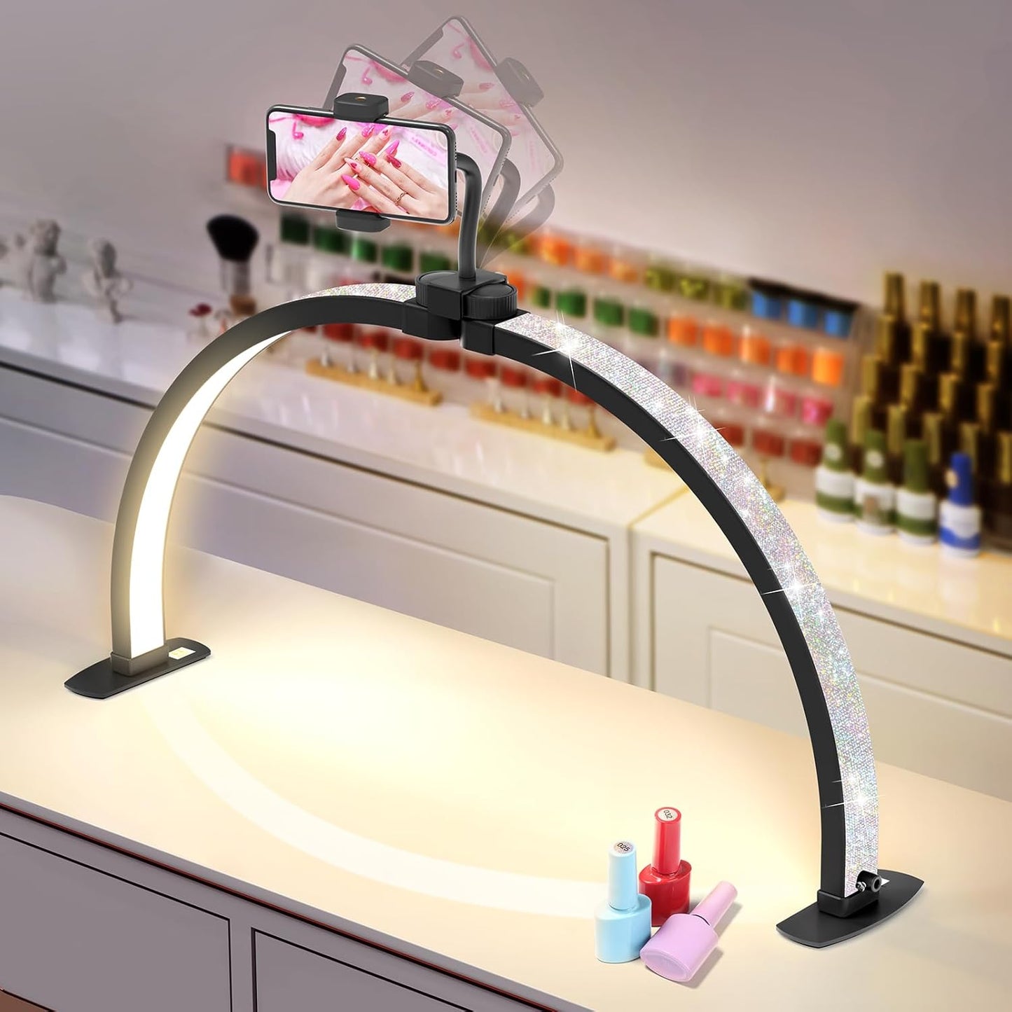 Yokilly Foldable Half Moon Nail Desk Lamp with Phone Holder - 3 Color Modes & 10 Brightness Levels for Manicure Salon