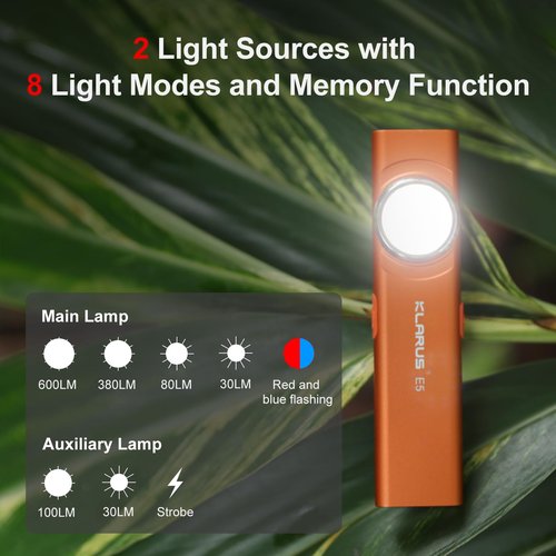 klarus E5 Pocket Flashlight, Rechargeable EDC Flashlight, Super Slim 4.2x1x0.3inch, 600 Lumens, USB-C Port, IPX4, Dual Light Source with Magnetic Base, Hat & Clothes Clip - Orange