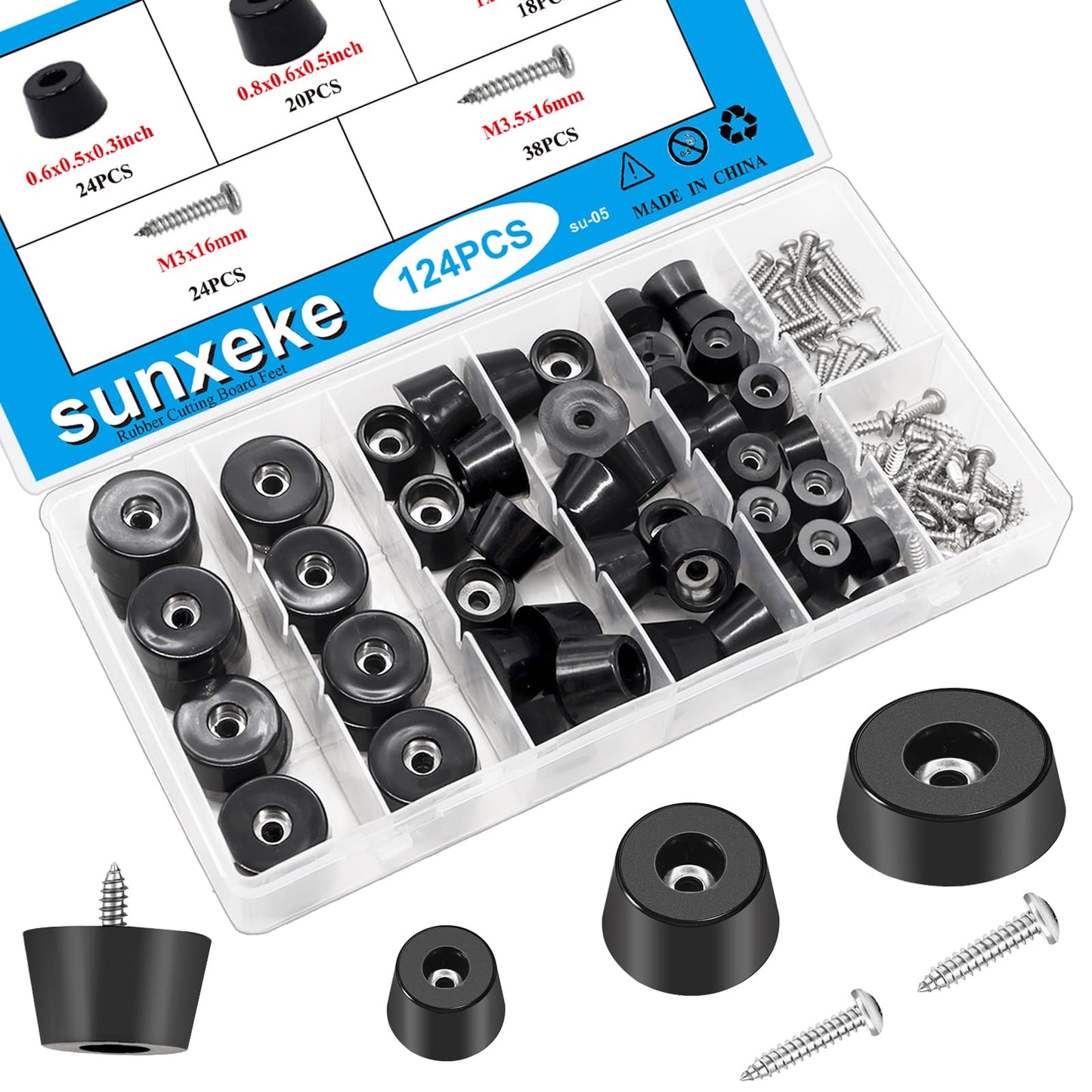 Sunxeke 124Pcs Rubber Feet for Cutting Board with Stainless Washer Screws Assortment Kit,3 Sizes (0.6inch, 0.8inch, 1inch),Non Slip Rubber Bumper Feet for Furniture, Cabinets, Electronics