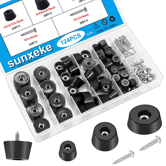 Sunxeke 124Pcs Rubber Feet for Cutting Board with Stainless Washer Screws Assortment Kit,3 Sizes (0.6inch, 0.8inch, 1inch),Non Slip Rubber Bumper Feet for Furniture, Cabinets, Electronics