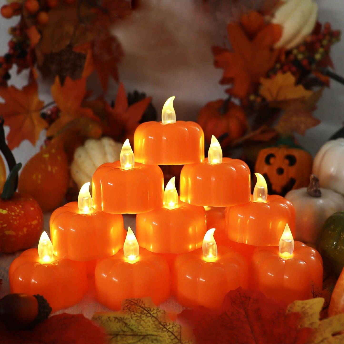 Pumpkin Tea Lights Decorations Fall Decor, 24 Pack LED Orange Pumpkin Lights Flameless Candles Battery Operated, Halloween Thanksgiving Flickering Tealight Candle for Home Table Indoor Party