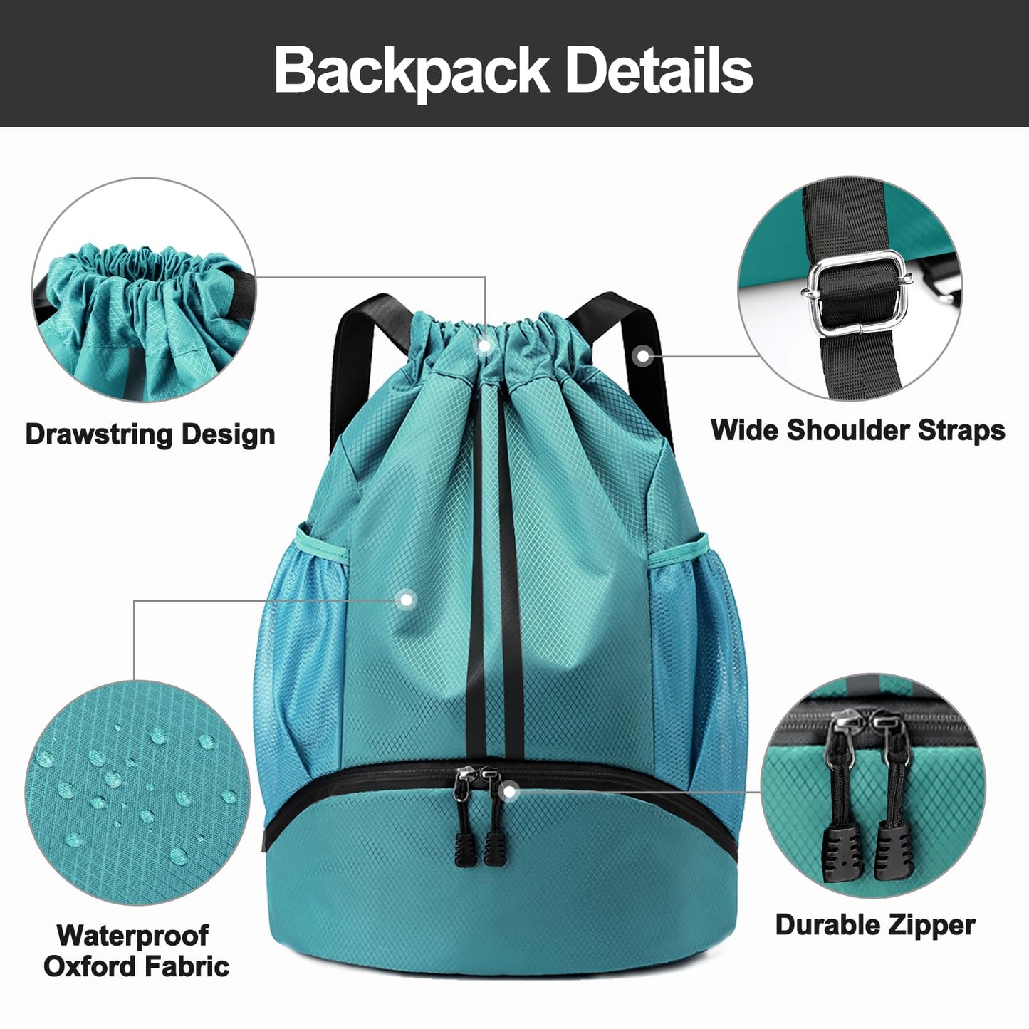 Hoedia Sports Drawstring Backpack - String Swim Gym Bag with Shoes Compartment and Wet Proof Pocket for Women/Men (Teal)