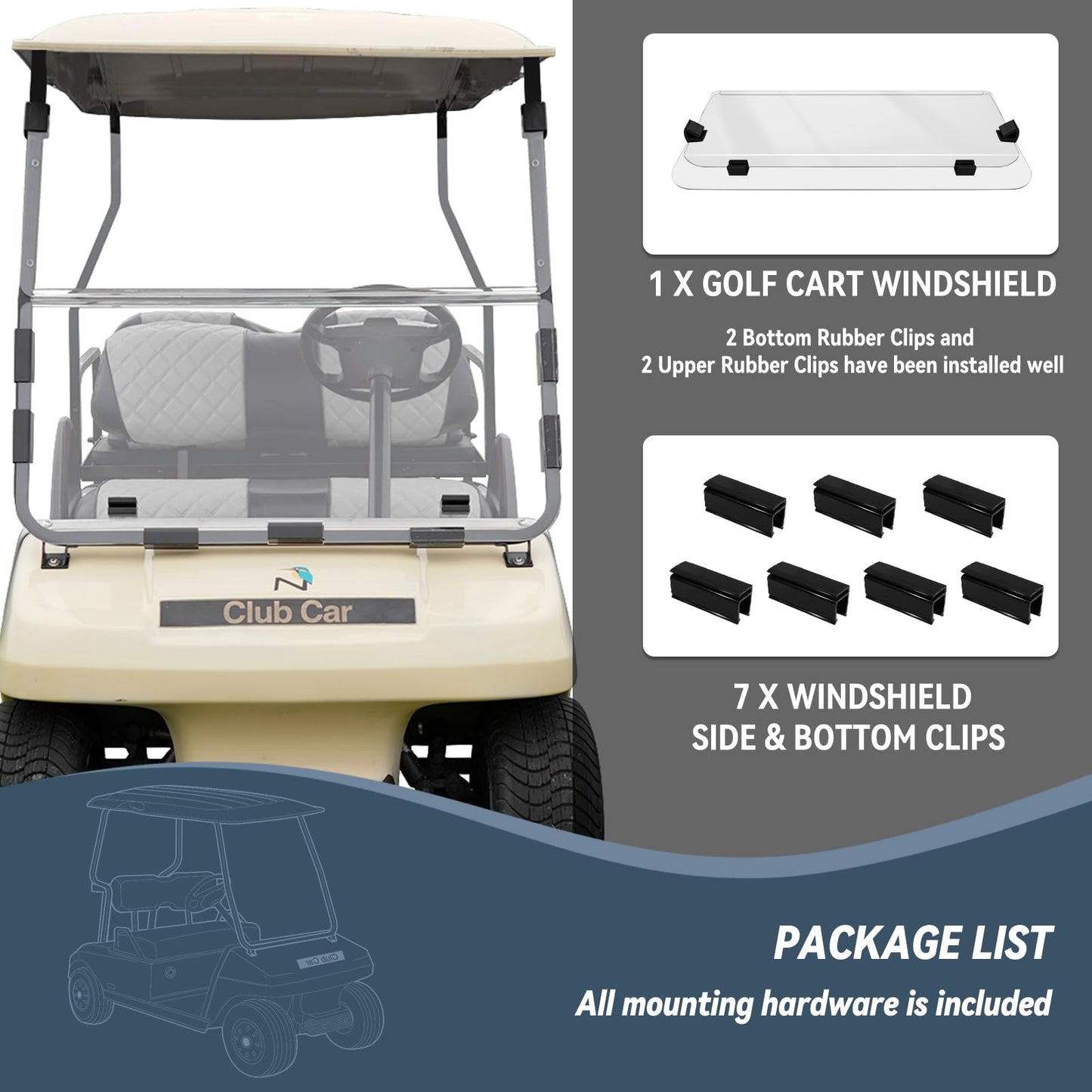 Golf Cart Windshield Club Car DS 1982-2000 Gas & Electric Models, 5MM Thicken Foldable, Highly Transparent and Impact Resistant Acrylic - Clear