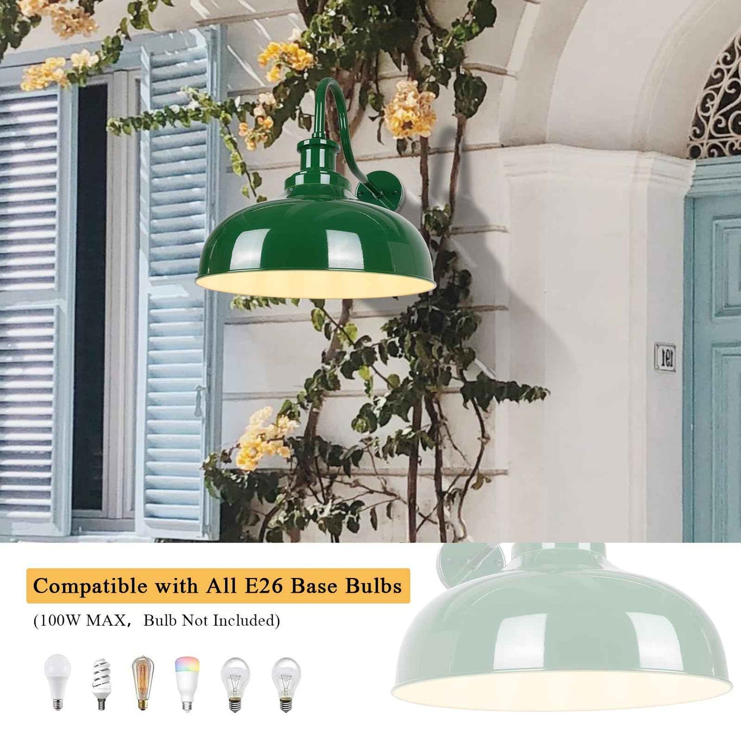 Diyel Outdoor Gooseneck Barn Light, 14 Inch Dome Rustic Outdoor Wall Sconce, Farmhouse Exterior Wall Mount Lighting Fixture, Industrial Green Wall Lantern for Porch, Entryway, Garage, RZ007M GR+WH