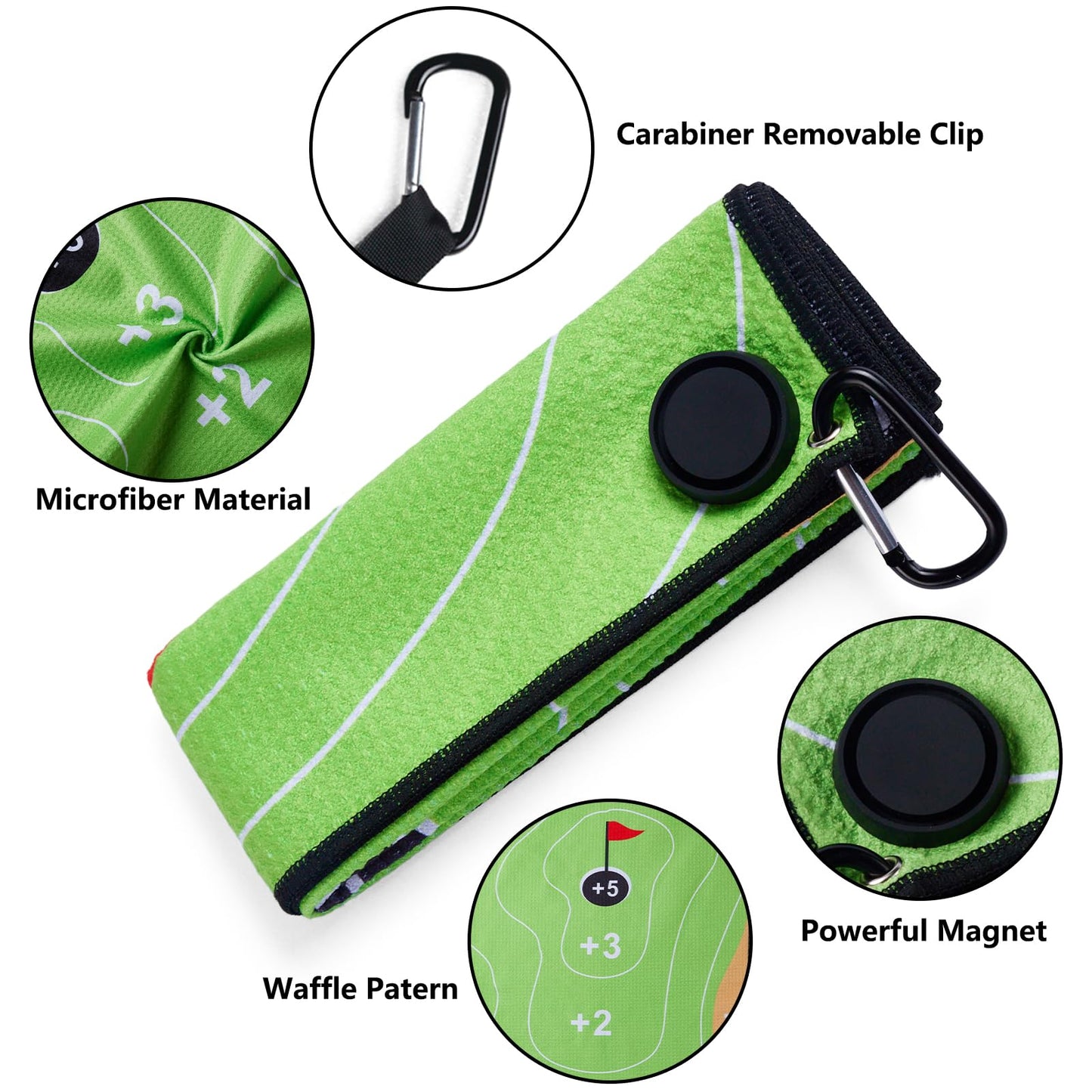 Gbourly Magnetic Golf Towels with Clip, Microfiber Waffle Design, Industrial Strength Magnet for Strong Hold to Golf Bags, Carts & Clubs (Multiple Colors Available) (Green Hole in One)