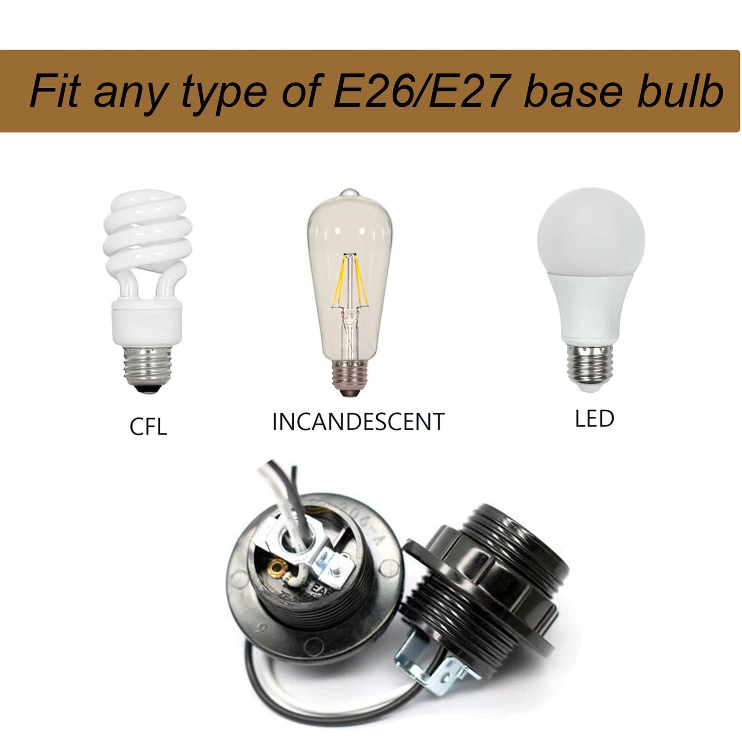 JNXQWE E26 E27 Light Socket,Bakelite Threaded Medium Base Lamp Holder with Shade Ring,Phenolic Medium Base E26 Fixture Socket with 6" Wire Lead for Incandescent Led Light Bulbs Replacement,Pack of 2