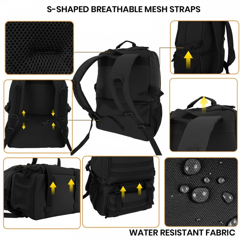 WKPGB Tactical Cooler Backpack for Men, 41L Insulated Leakproof Lunch Backpack with 16” Laptop Compartment, Heavy Duty Double Deck Soft Cooler Bag for Work, Fishing, Camping, Hiking – Black