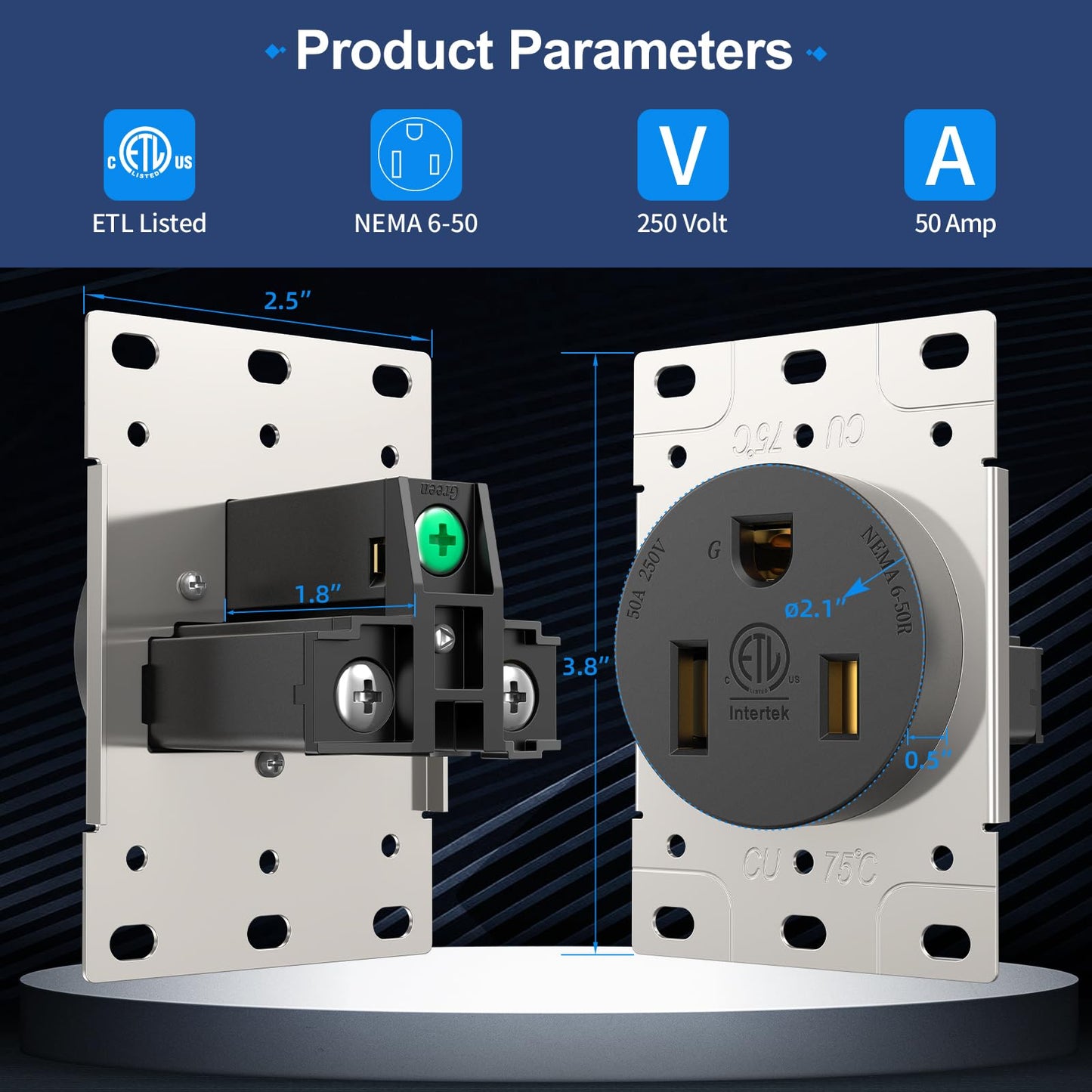 NEMA 6-50R Receptacle 50A Welder Wall Socket 250V 240V 220V Outlet Flush Mount Grounding Side Wired Industrial Grade for EV Charger Heater Plasma Cutters Electric Stove ETL Listed