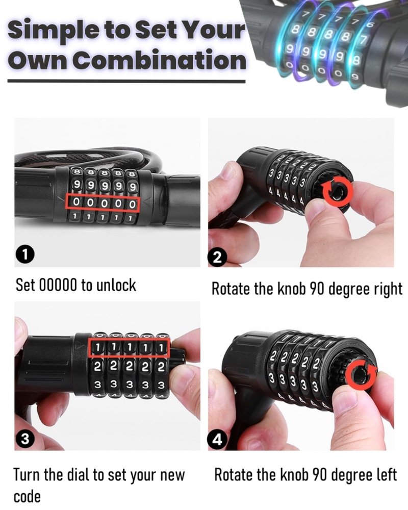 Combination Bike Lock Cable - with LED Bike Tail Light and Keypad Light, IPX6 Waterproof Heavy Duty Strong Anti-Theft 5 Digit Keyless Cable Lock, for Kids Adult Bike Accessories (4FT, Black-0.5 inch)