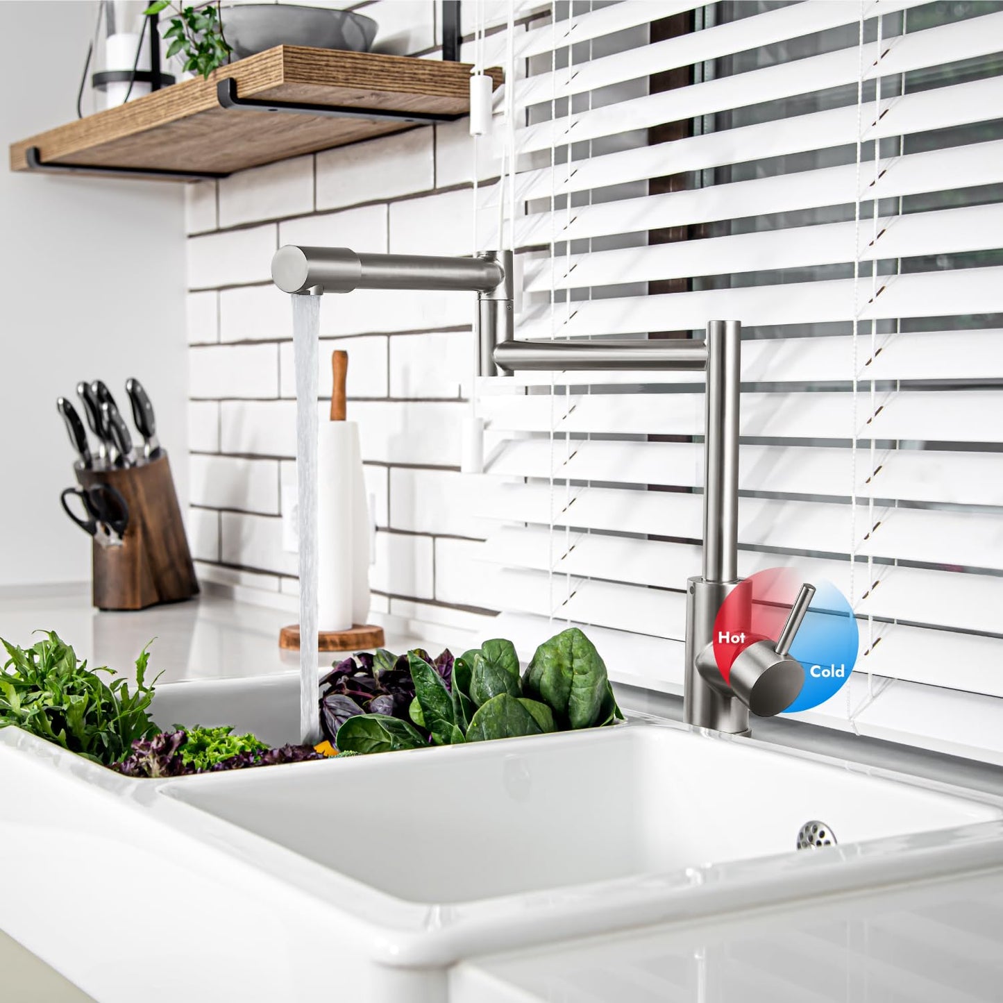 Cinwiny Deck Mounted Pot Filler Faucet Hot and Cold Water Single Handle Countertop Double Joints 360° Rotating Retractable Commercial Kitchen Sink Faucet Stainless Steel, Brushed Nickel