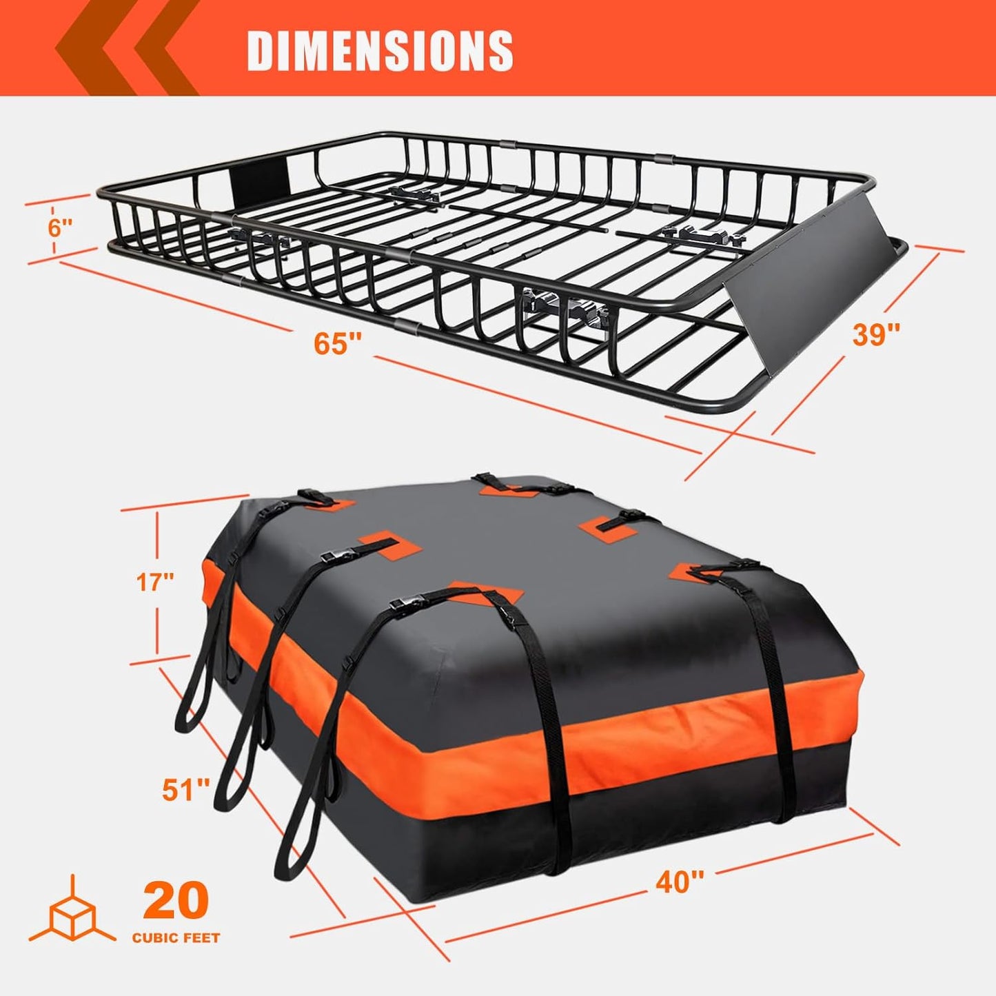 Skiennix Roof Rack Carrier Basket - Waterproof 20 Cu Ft Bag & Cargo Net | 200 Lbs Capacity, Universal Fit