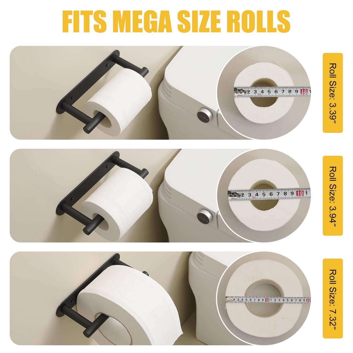 BESy Adhesive or Screw Toilet Paper Holder Wall Mount Rustproof Modern Roll Holder Flexible Pivoting Adjustable Tissue Handle with Self Adhesive or Mounted with Screws Stainless Steel Matte Black