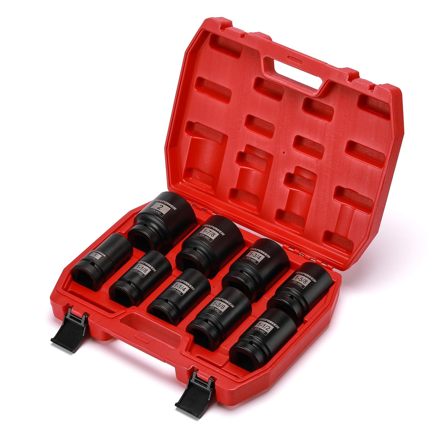 MIXPOWER 9PCS 1"Drive Impact Deep Socket Set, 6 Point, 1" - 2", CR-MO, SAE, Deep, 1" Dr. Deep Spindle Axle Nut Impact Socket Set