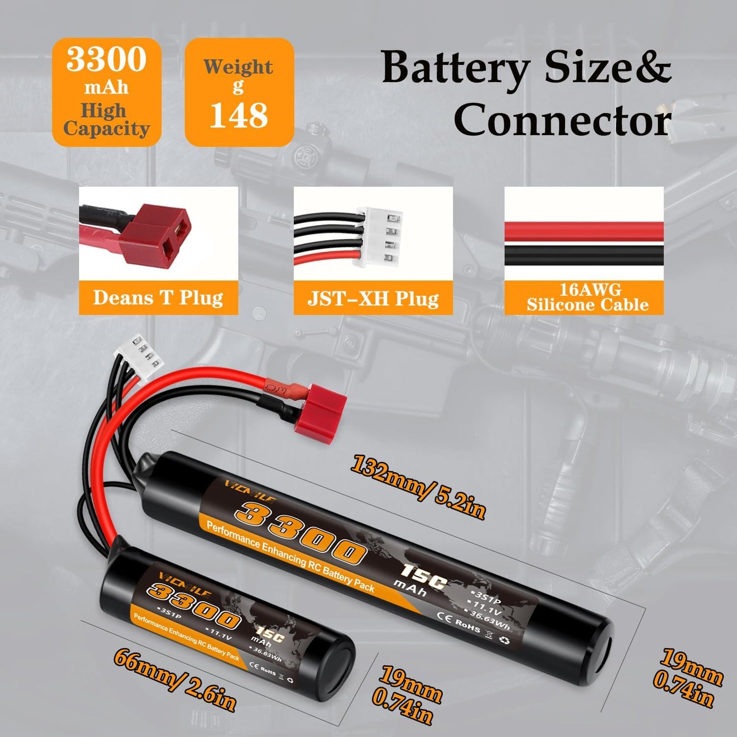 3300mAh Airsoft Battery by [Brand Name] - 11.1V Nunchuck Rechargeable Battery with Dean T Plug | Fits AK47, M4, MP5