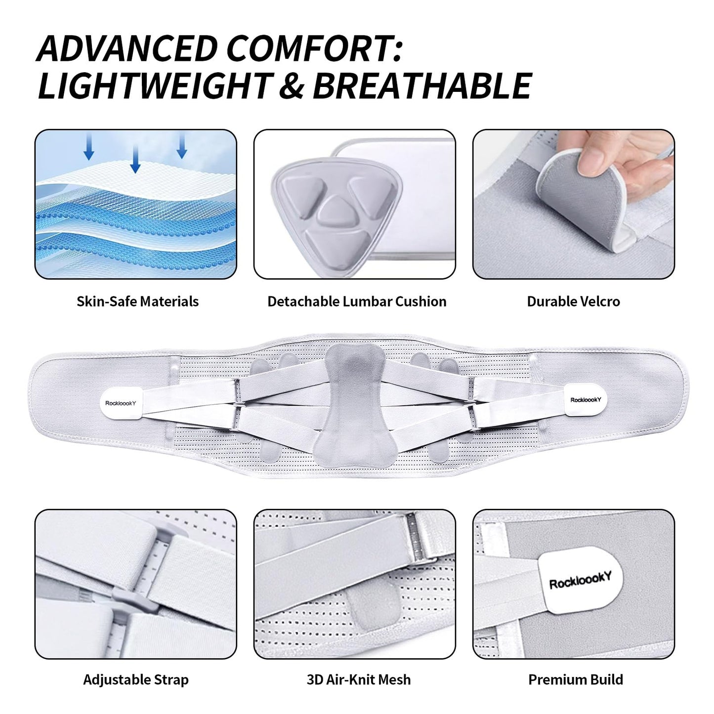 RockloookY Lower Back Brace for Women Men, Adjustable Lumbar Support with 3D Pad, Breathable Ergonomic Support Belt with Metal Stays for Work, Lifting, Drive, Grey,Size M,Waist 31"-38"