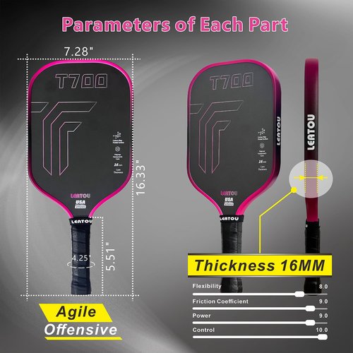Pickleball Paddles, T700 Carbon Fiber Pickleball Paddle, Matte Surface, Gradient Color Frame, 16mm Polypropylene Honeycomb Core, Pickleball Rackets, Enhancing Spin Strength, USAPA Approved (Rose Red)