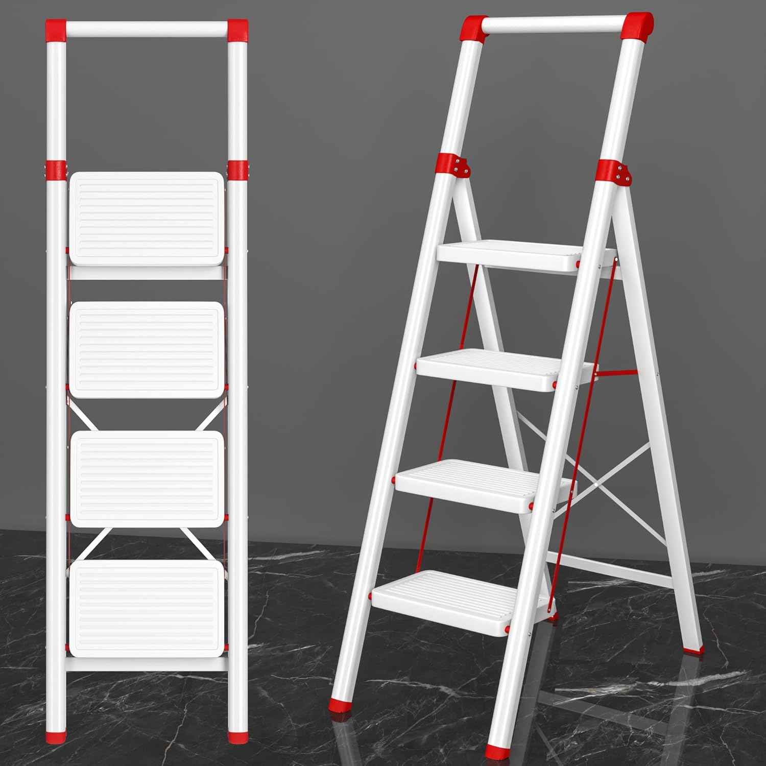 DIAMONDFORGE 4-Step Folding Ladder - Sturdy Steel Construction, Anti-Slip Pedals & Feet, Handgrip - Home Use, White & Red