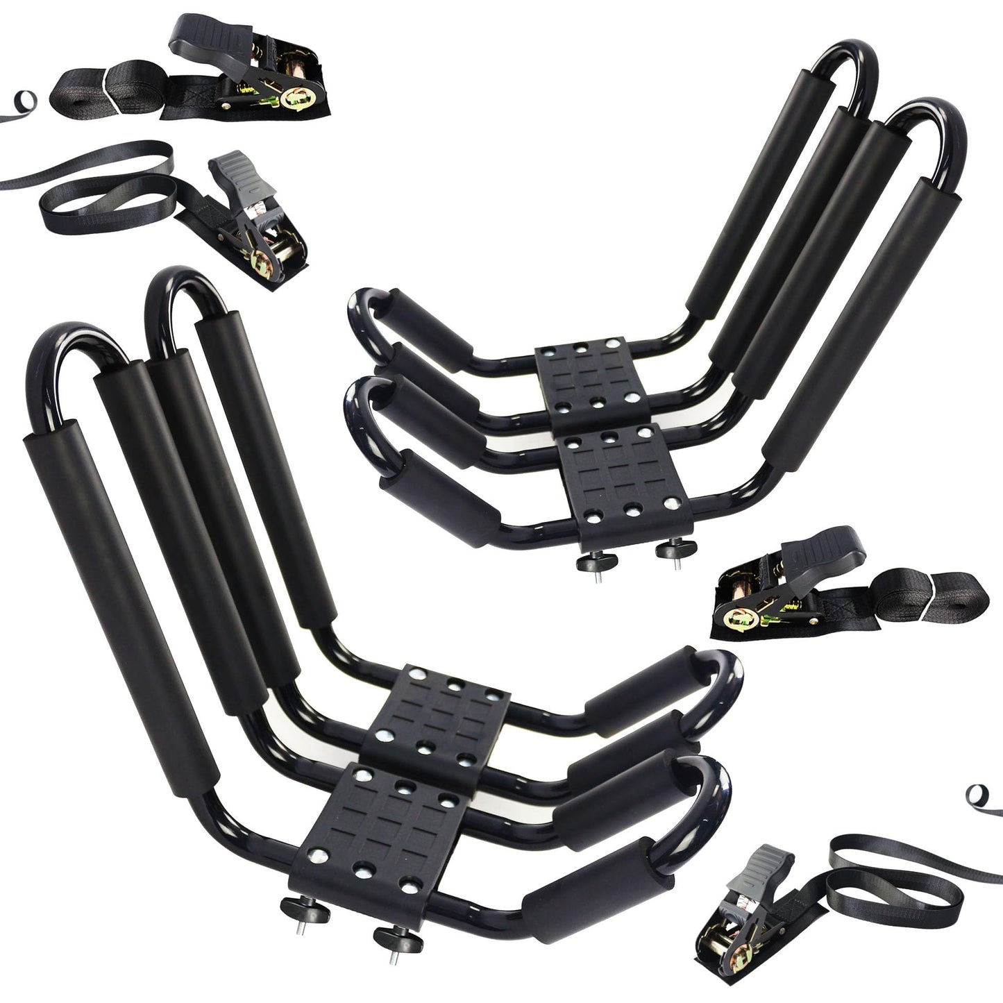 2 Pairs Kayak Rack J-Bar Car Roof Rack for Canoe Carrier SUP Paddle Surfboard Mount on Car SUV and Truck Crossbar, Includes 4 Pcs Roof Rack Tie Down Straps.