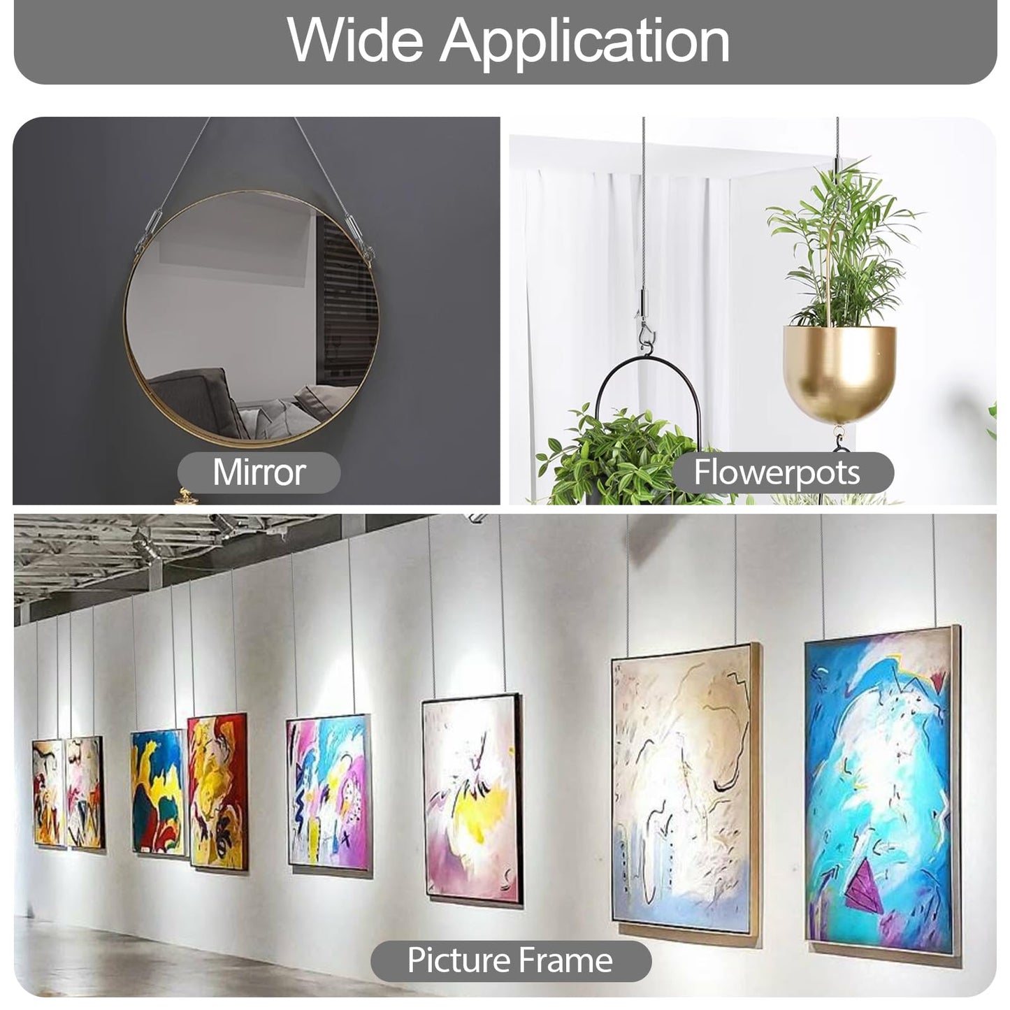 Adjustable Picture Hanging Wire, Upgrade Mirror Frame Hanging Kit, 6.6FT Heavy Duty Stainless Steel Wire Rope, Supports Up to 100lbs (Silver, 4PC-6.6FT)