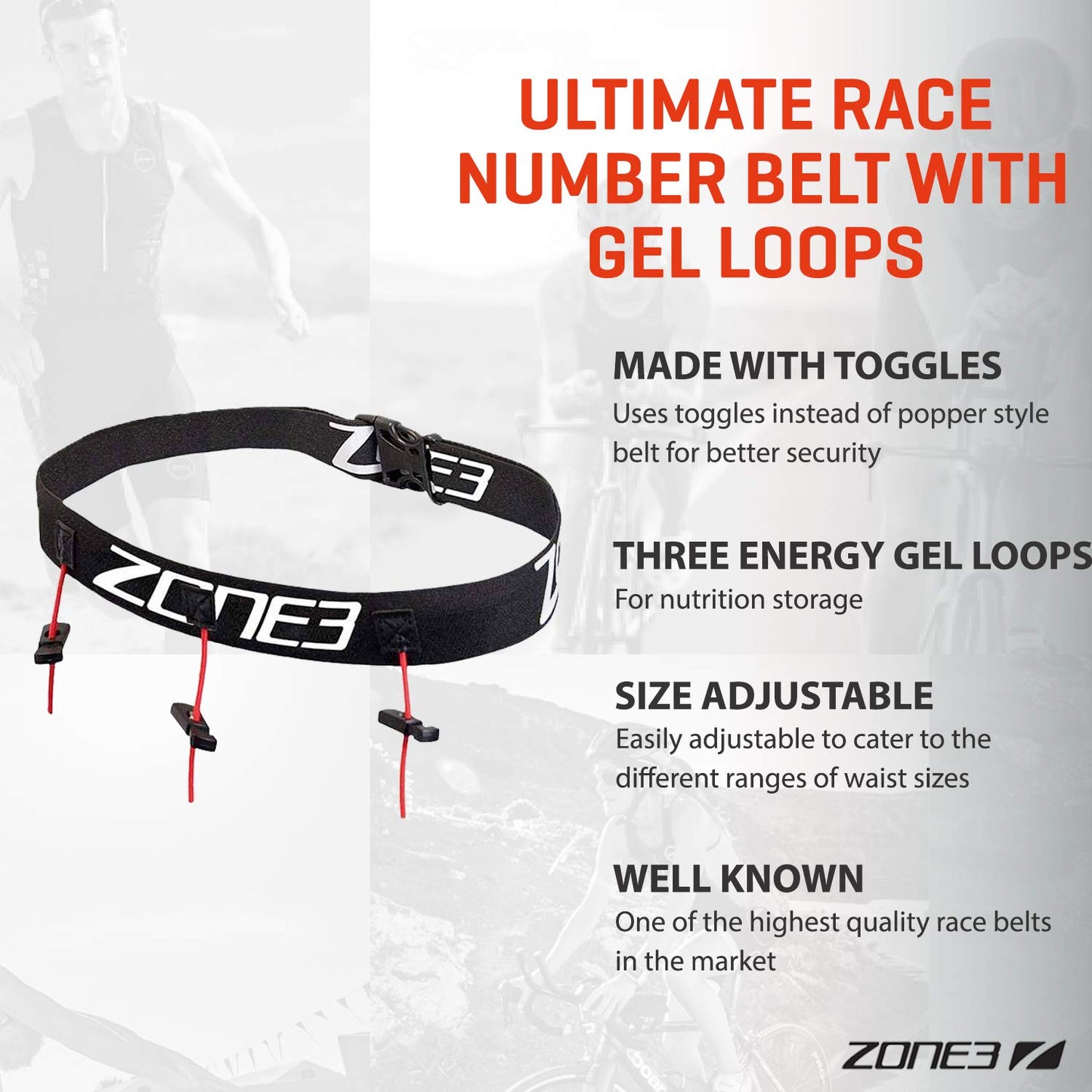 Zone3 Ultimate Race Number Belt with Gel Loops (Black/Red/White)